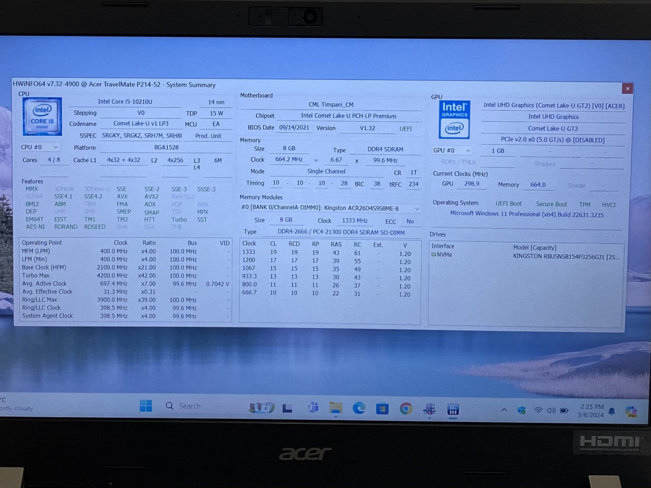 Acer TravelMate P214-52 i5 10210U 8GB DDR4 256GB SSD
