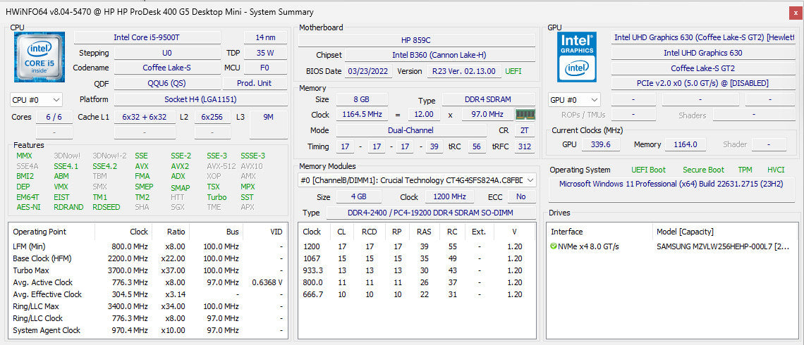 HP Prodesk 400 G5 USFF i5-9500T 8/256GB