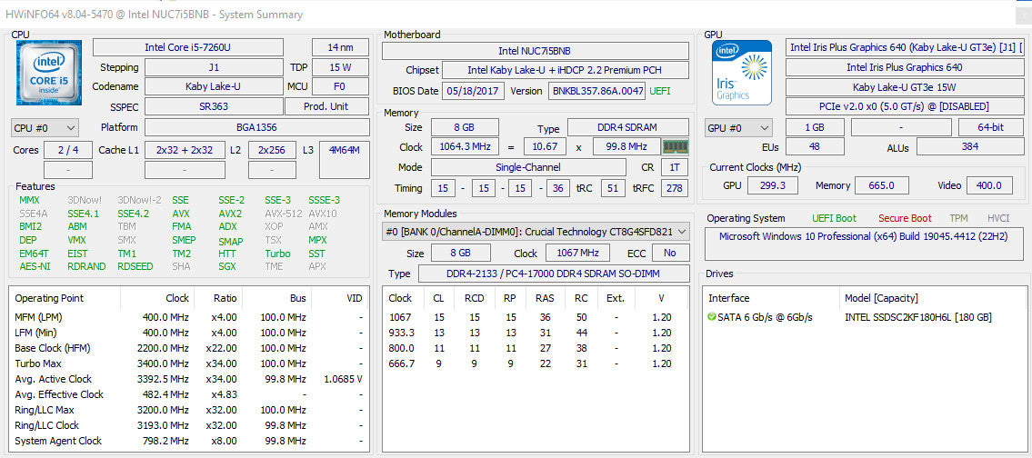 Intel NUC USFF i5-7260U 8/180GB